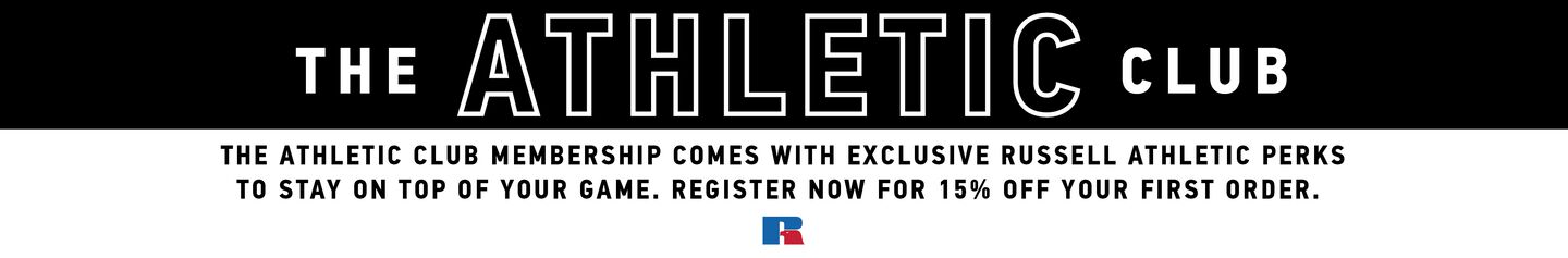 The Athletic Club logo with text: The Athletic Club Membership comes with exclusive Russell Athletic Perks to stay on top of your game. 